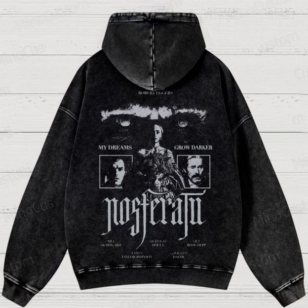 Nosferatu Character and Text Graphic Washed Vintage Hoodie