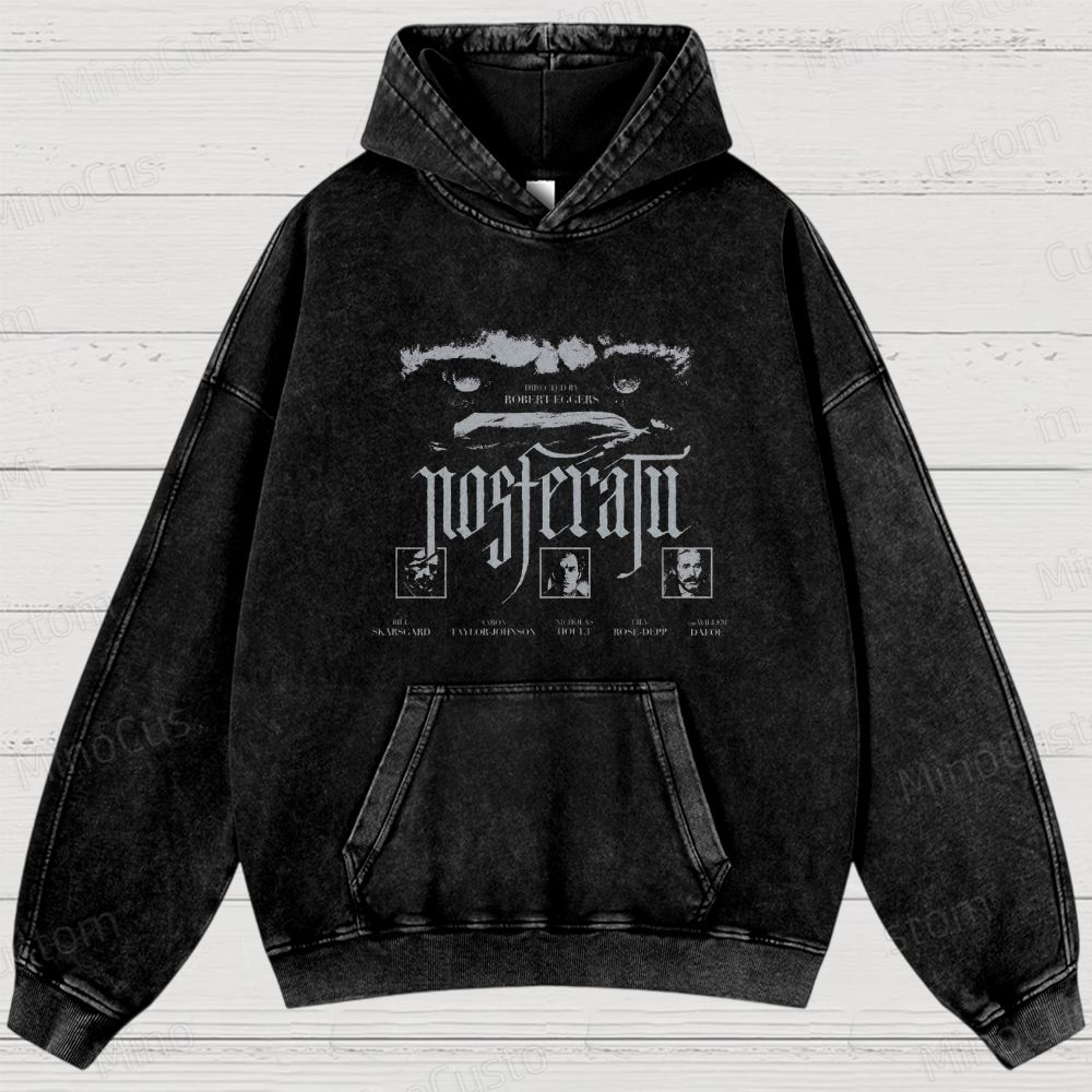 Nosferatu Character and Text Graphic Washed Vintage Hoodie