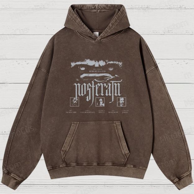 Nosferatu Character and Text Graphic Washed Vintage Hoodie