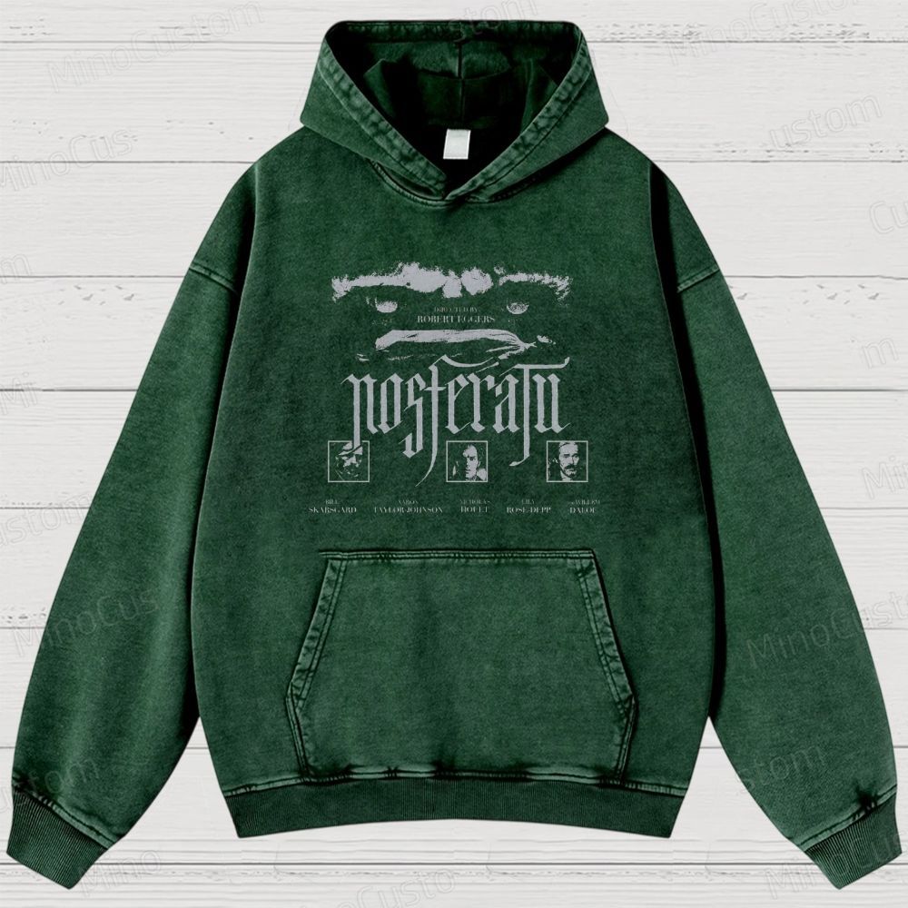 Nosferatu Character and Text Graphic Washed Vintage Hoodie