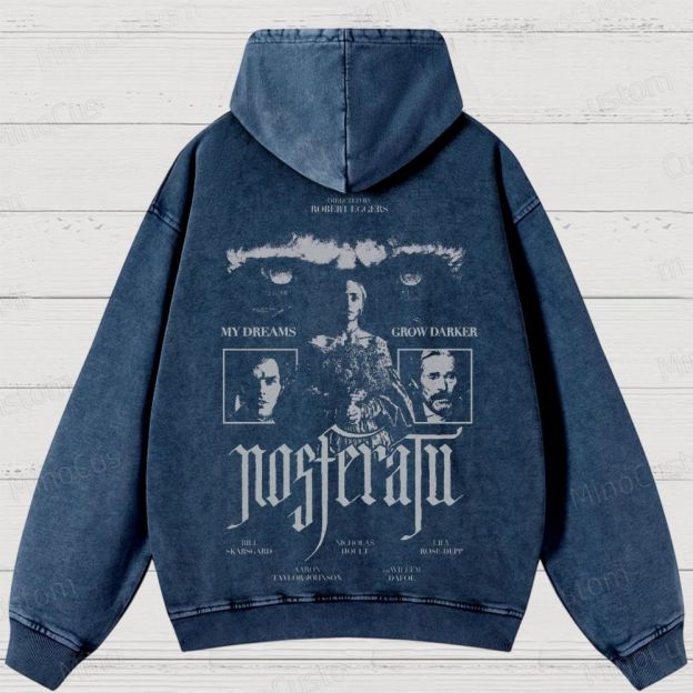 Nosferatu Character and Text Graphic Washed Vintage Hoodie