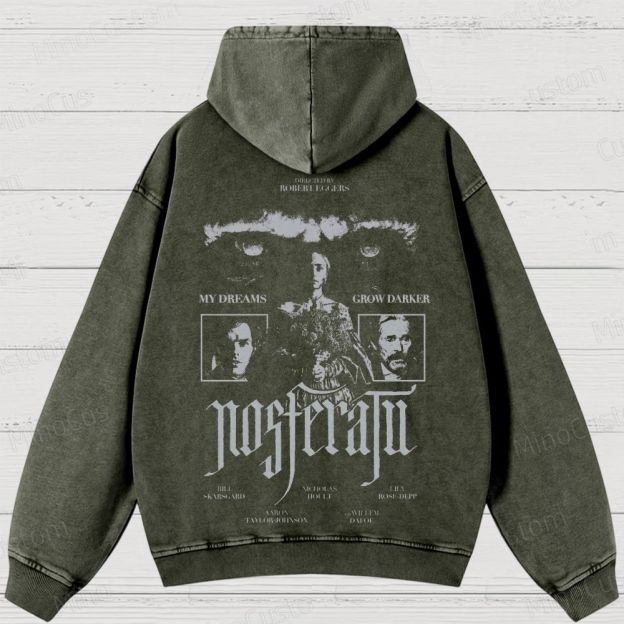 Nosferatu Character and Text Graphic Washed Vintage Hoodie
