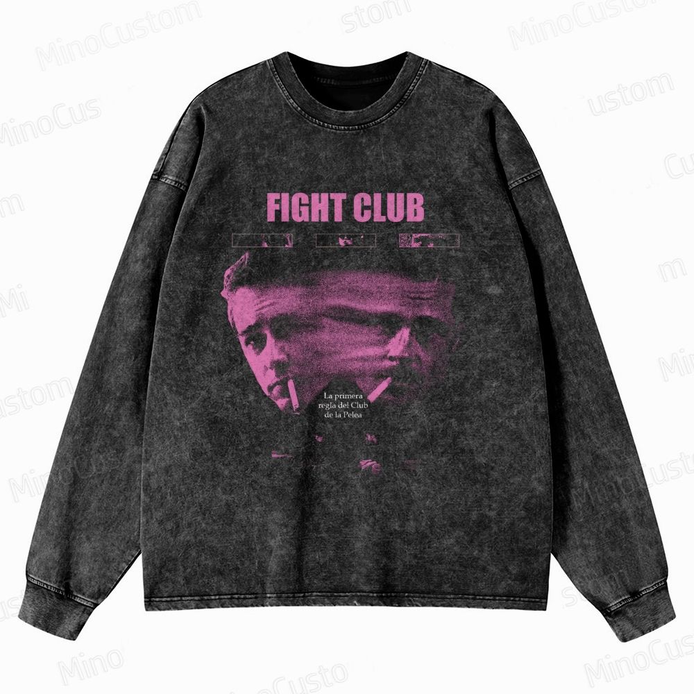 Fight Club Character and Text Graphic Washed Vintage Sweatshirt