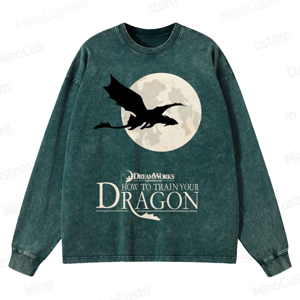 "How to Train Your Dragon" Moonlight Silhouette  Crewneck Washed Sweatshirt
