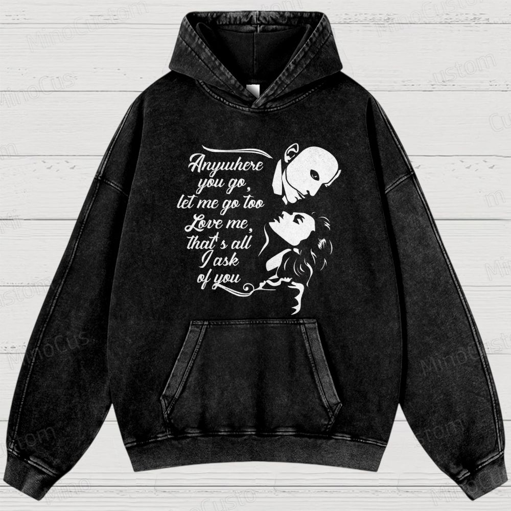 The Phantom of the Opera Quote and Character Silhouette Graphic Washed Vintage Hoodie
