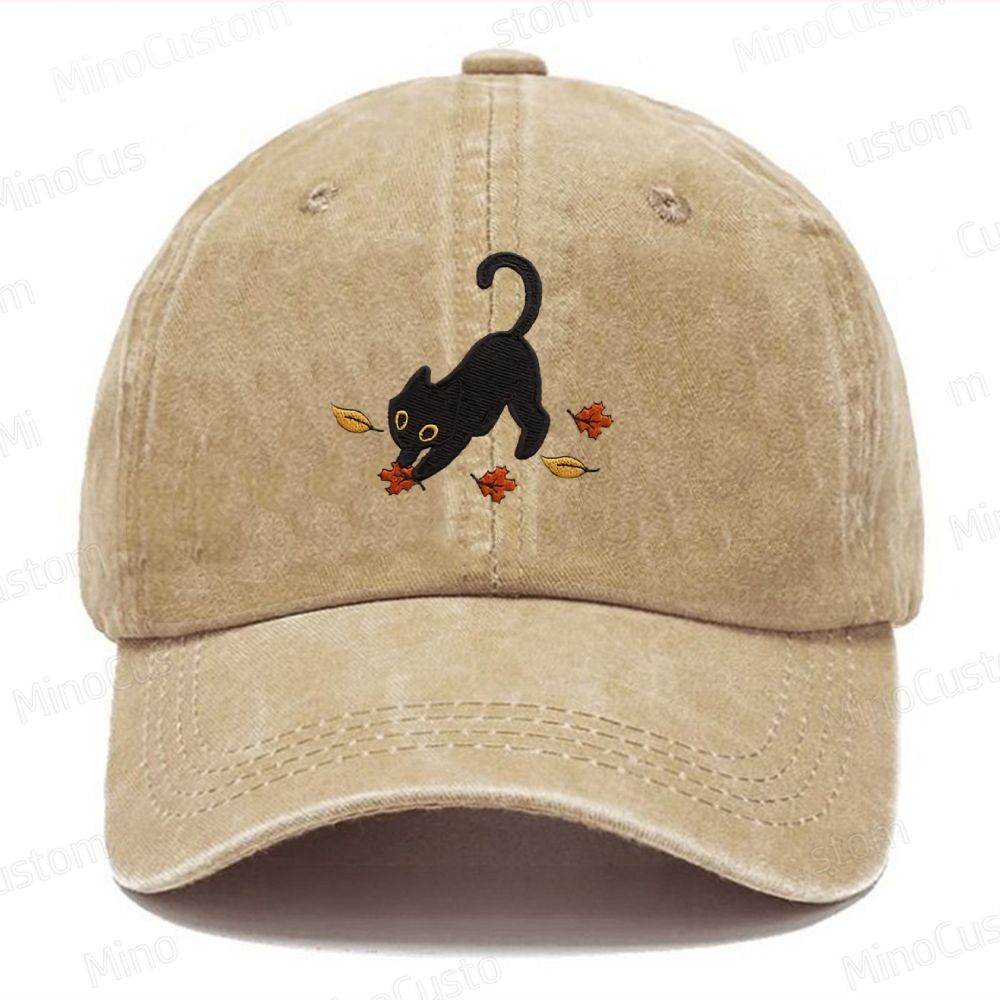 Cat Pouncing Leaves Embroidered Washed Cap