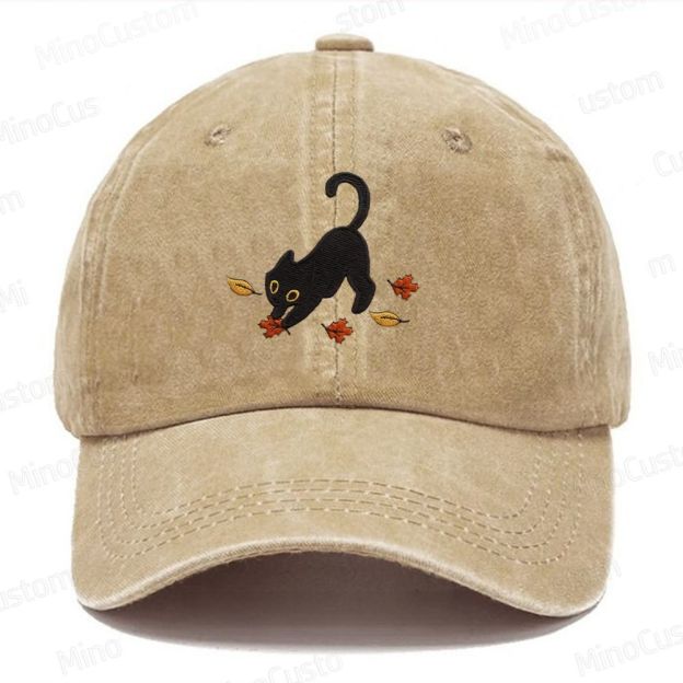 Cat Pouncing Leaves Embroidered Washed Cap