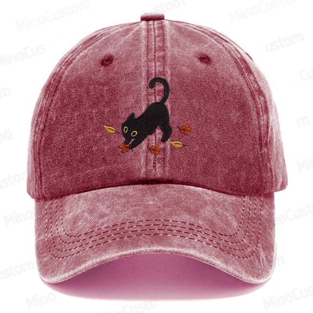 Cat Pouncing Leaves Embroidered Washed Cap