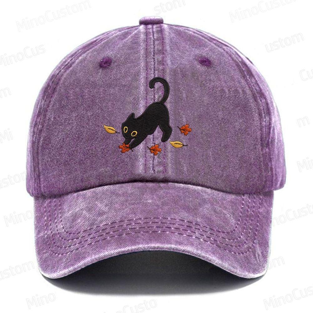 Cat Pouncing Leaves Embroidered Washed Cap