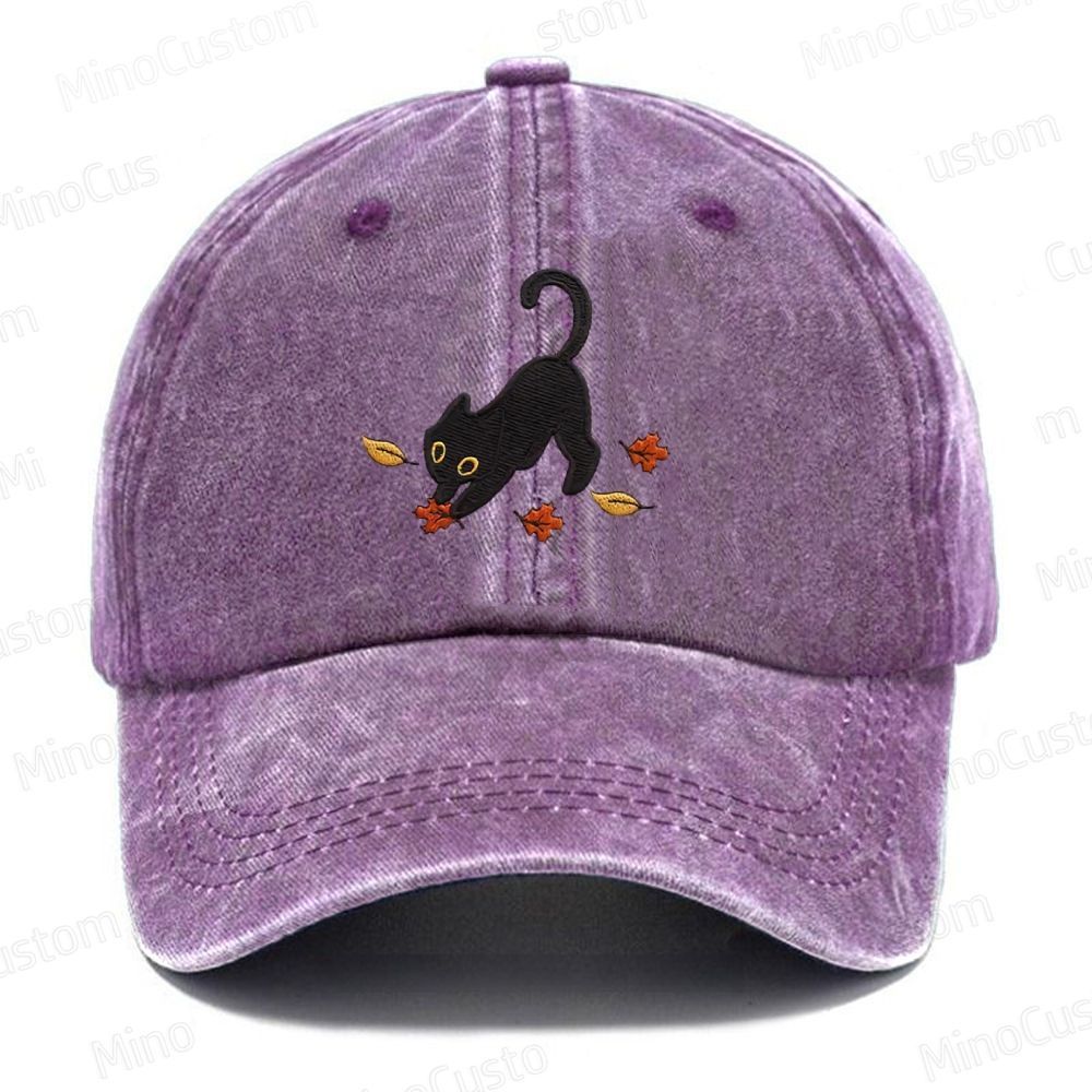 Cat Pouncing Leaves Embroidered Washed Cap