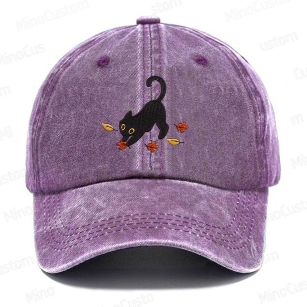 Cat Pouncing Leaves Embroidered Washed Cap