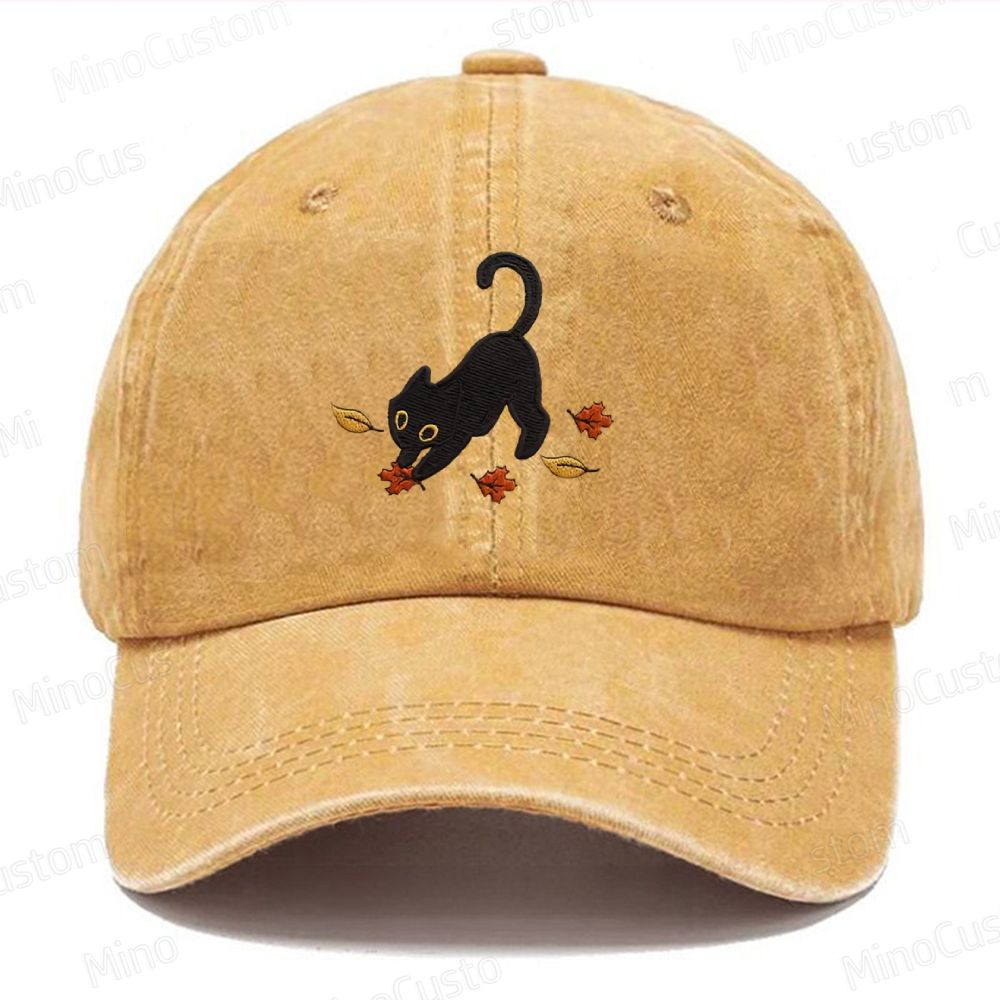 Cat Pouncing Leaves Embroidered Washed Cap