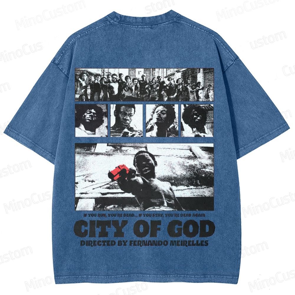 City of God Scene Collage and Title Graphic Washed Vintage T - Shirt
