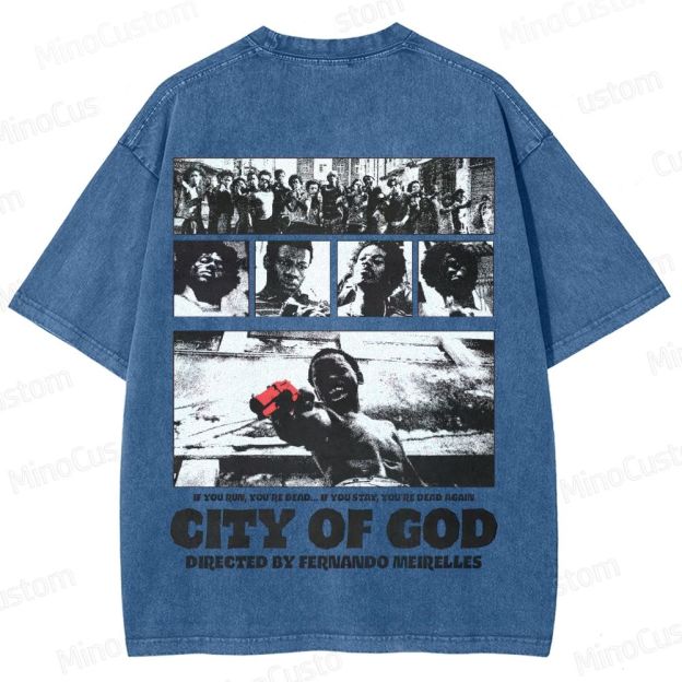 City of God Scene Collage and Title Graphic Washed Vintage T - Shirt
