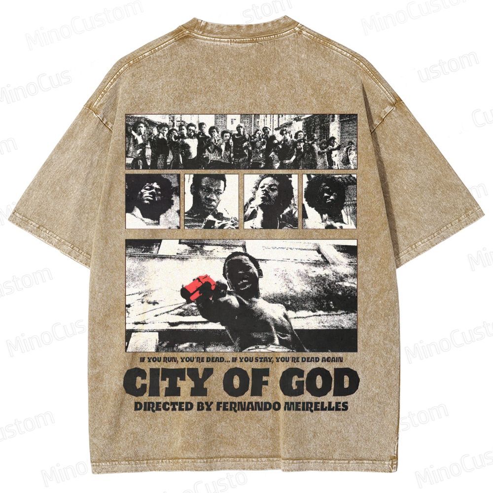 City of God Scene Collage and Title Graphic Washed Vintage T - Shirt