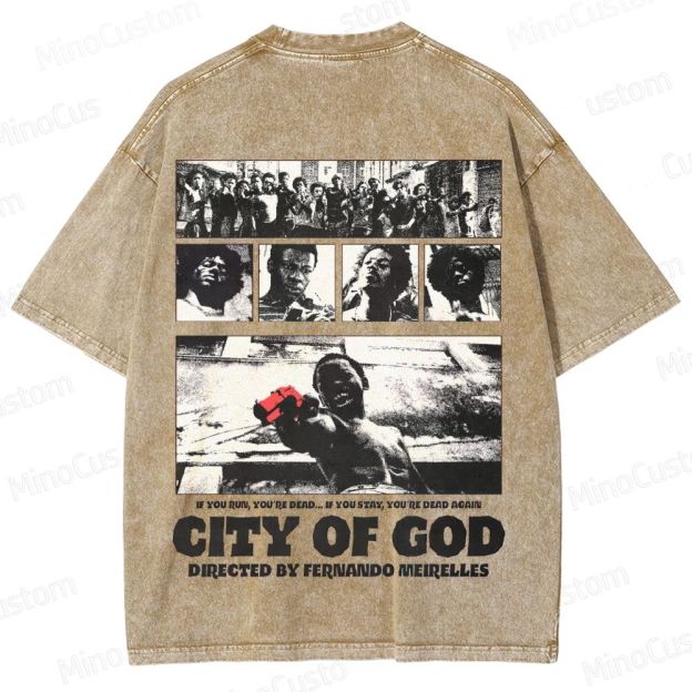 City of God Scene Collage and Title Graphic Washed Vintage T - Shirt