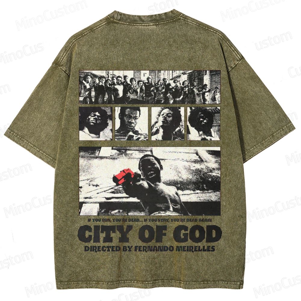 City of God Scene Collage and Title Graphic Washed Vintage T - Shirt