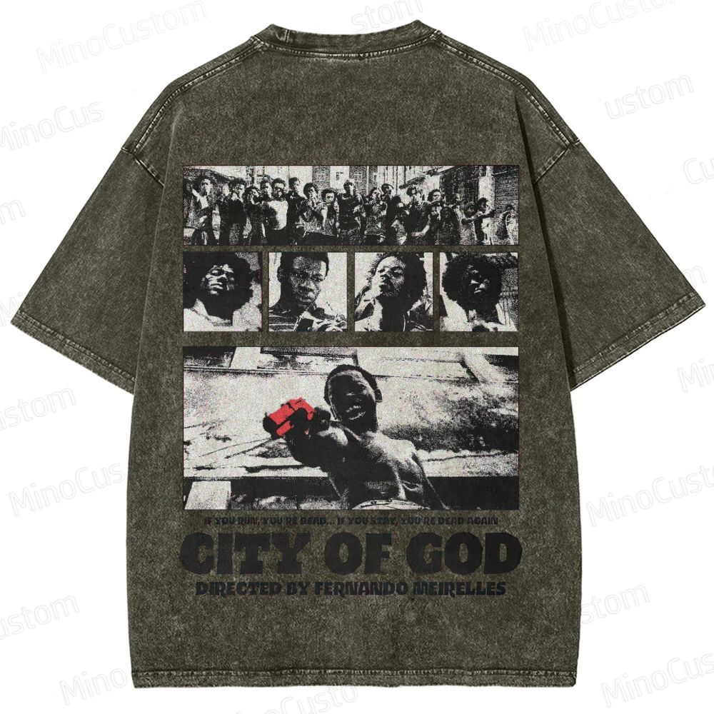 City of God Scene Collage and Title Graphic Washed Vintage T - Shirt