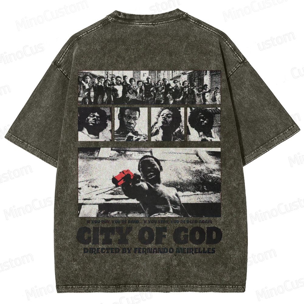 City of God Scene Collage and Title Graphic Washed Vintage T - Shirt