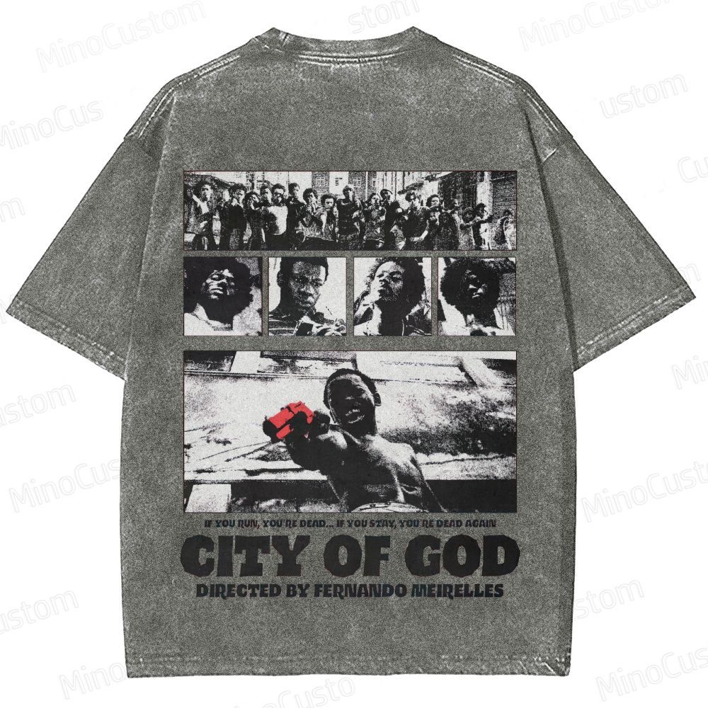 City of God Scene Collage and Title Graphic Washed Vintage T - Shirt