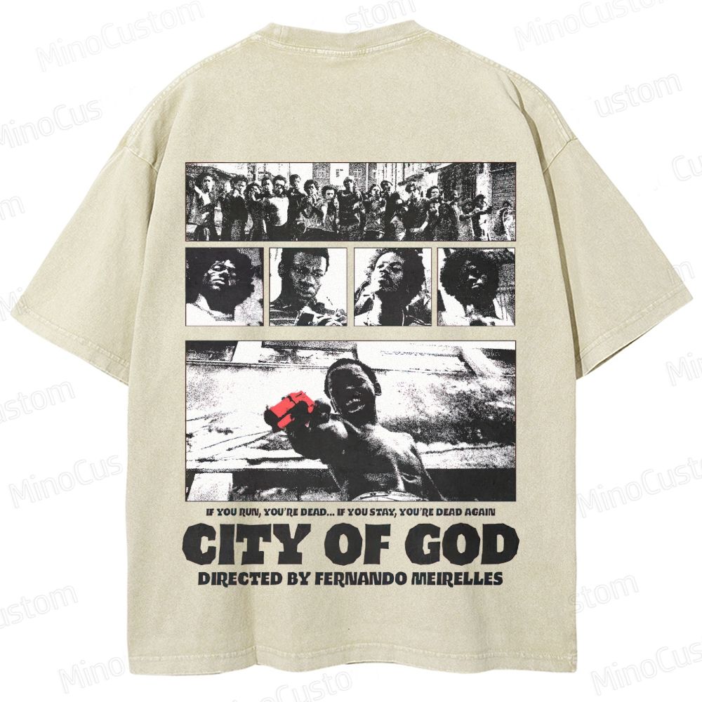 City of God Scene Collage and Title Graphic Washed Vintage T - Shirt