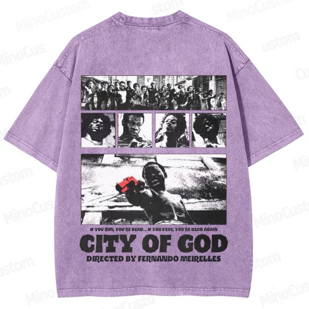 City of God Scene Collage and Title Graphic Washed Vintage T - Shirt