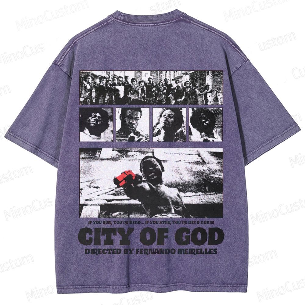 City of God Scene Collage and Title Graphic Washed Vintage T - Shirt