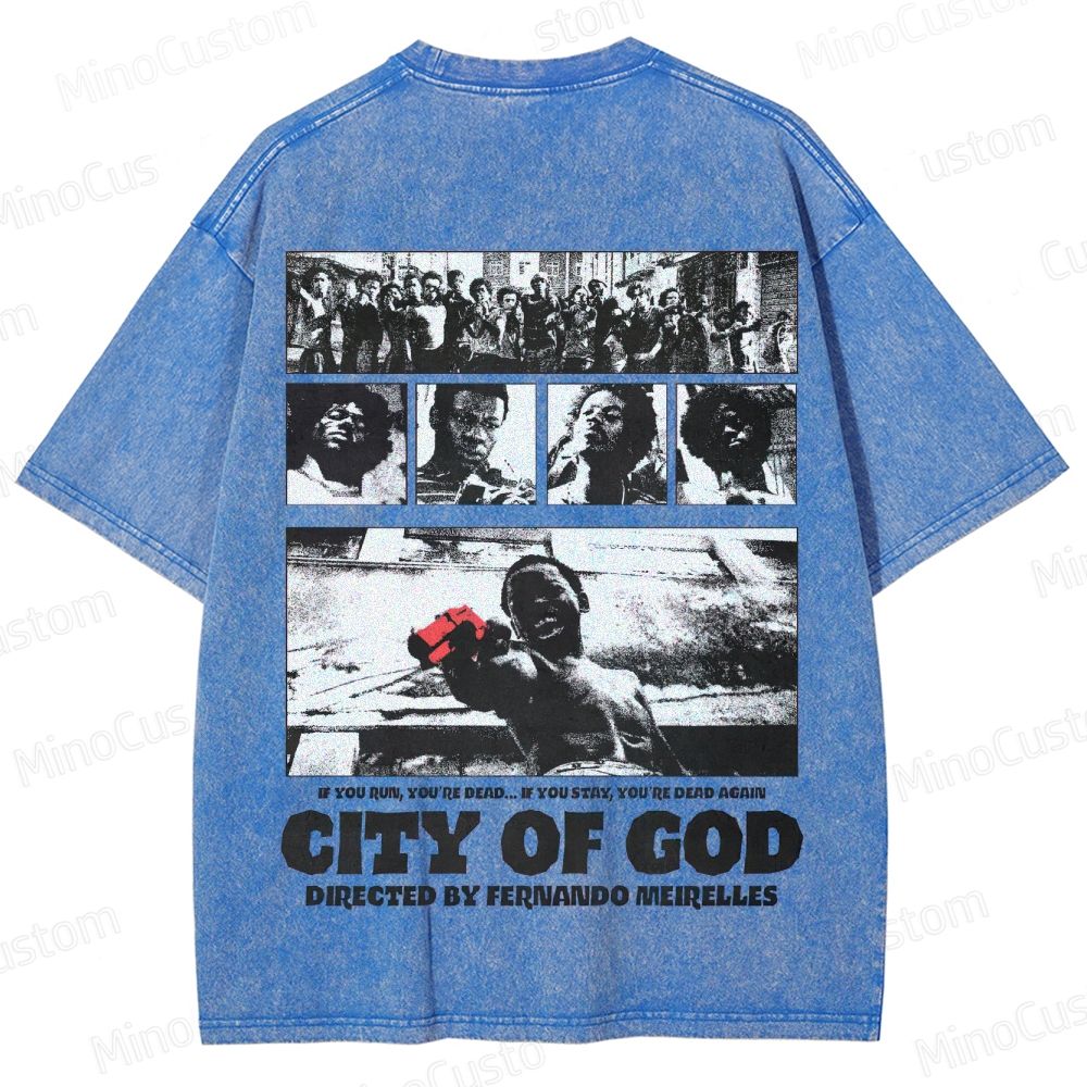 City of God Scene Collage and Title Graphic Washed Vintage T - Shirt