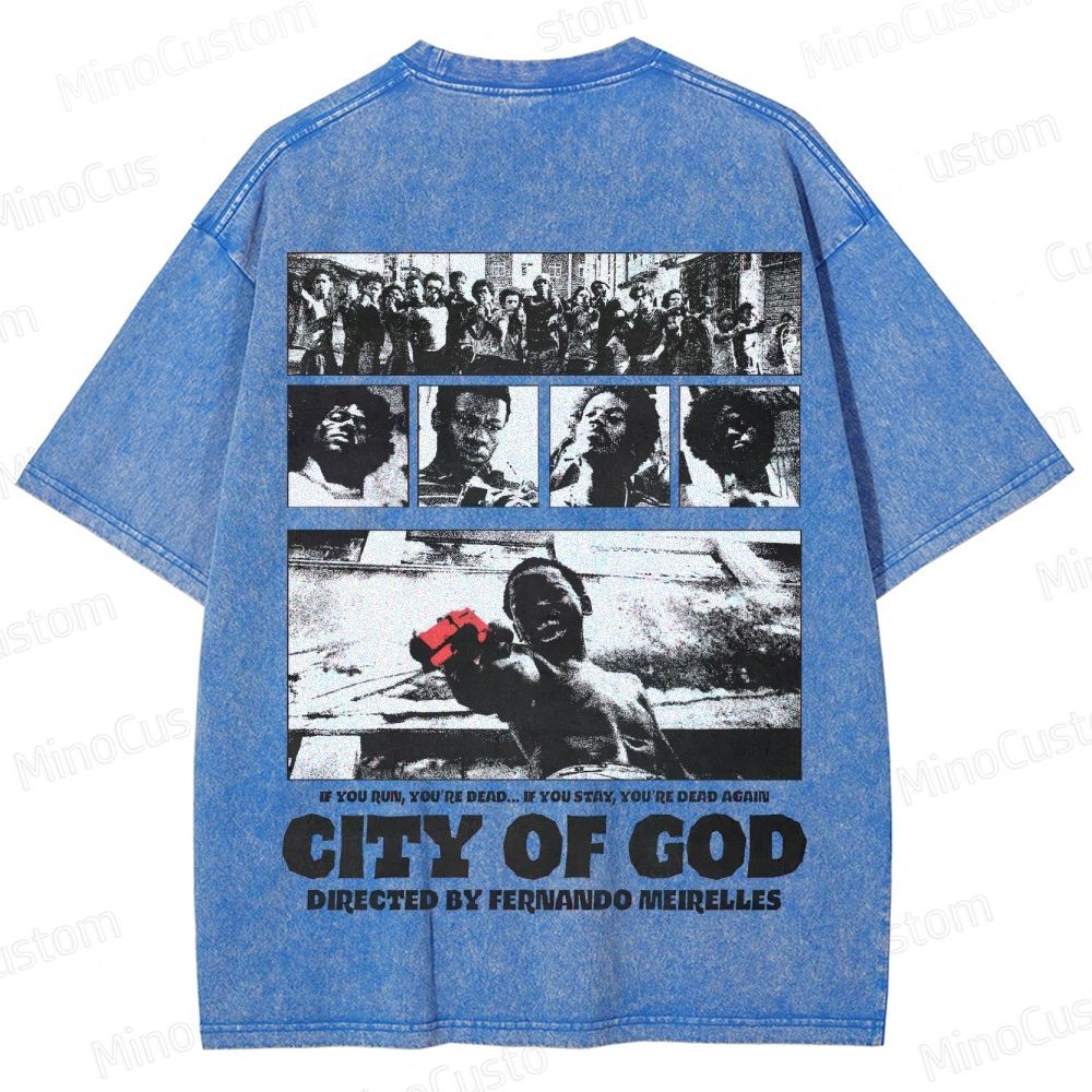 City of God Scene Collage and Title Graphic Washed Vintage T - Shirt