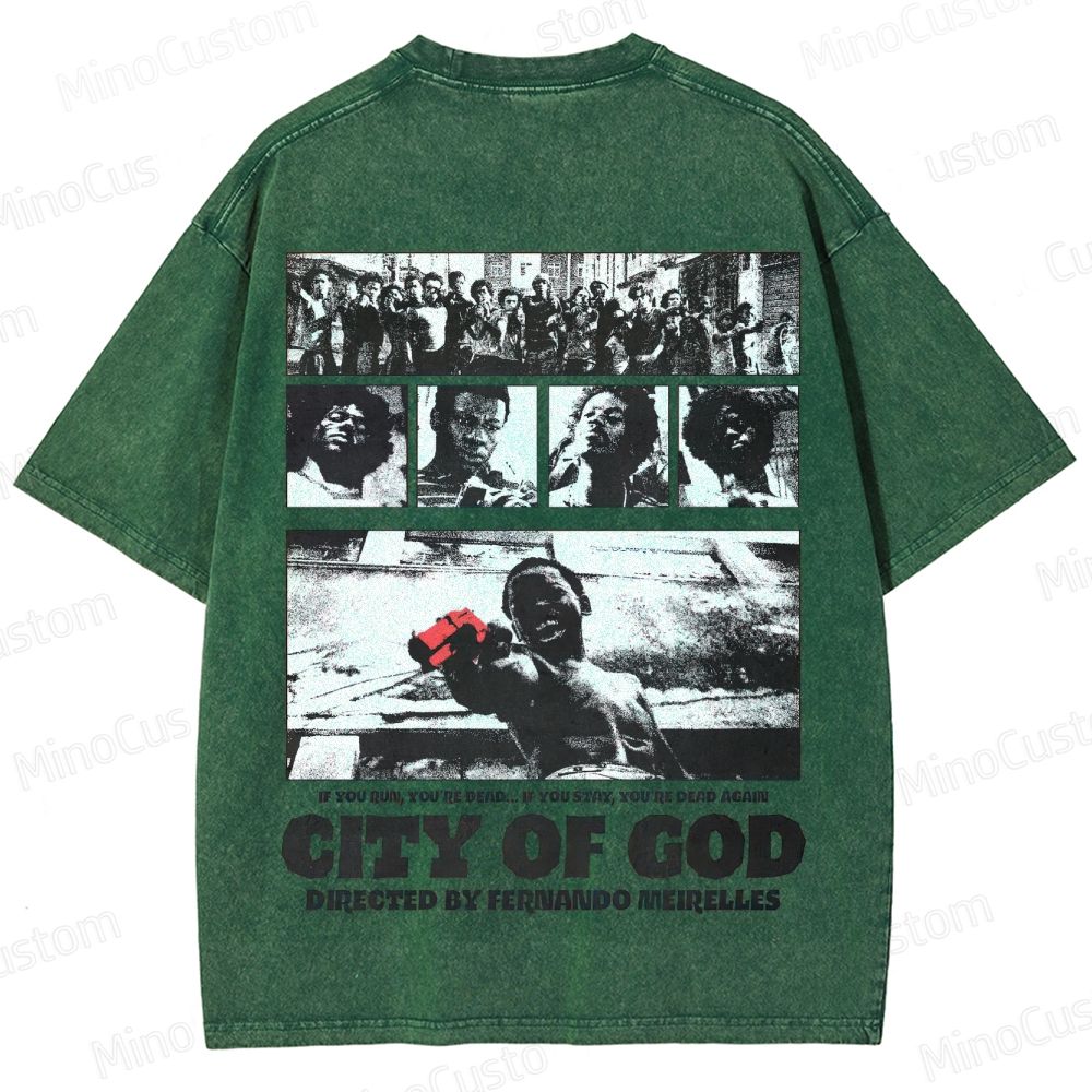 City of God Scene Collage and Title Graphic Washed Vintage T - Shirt