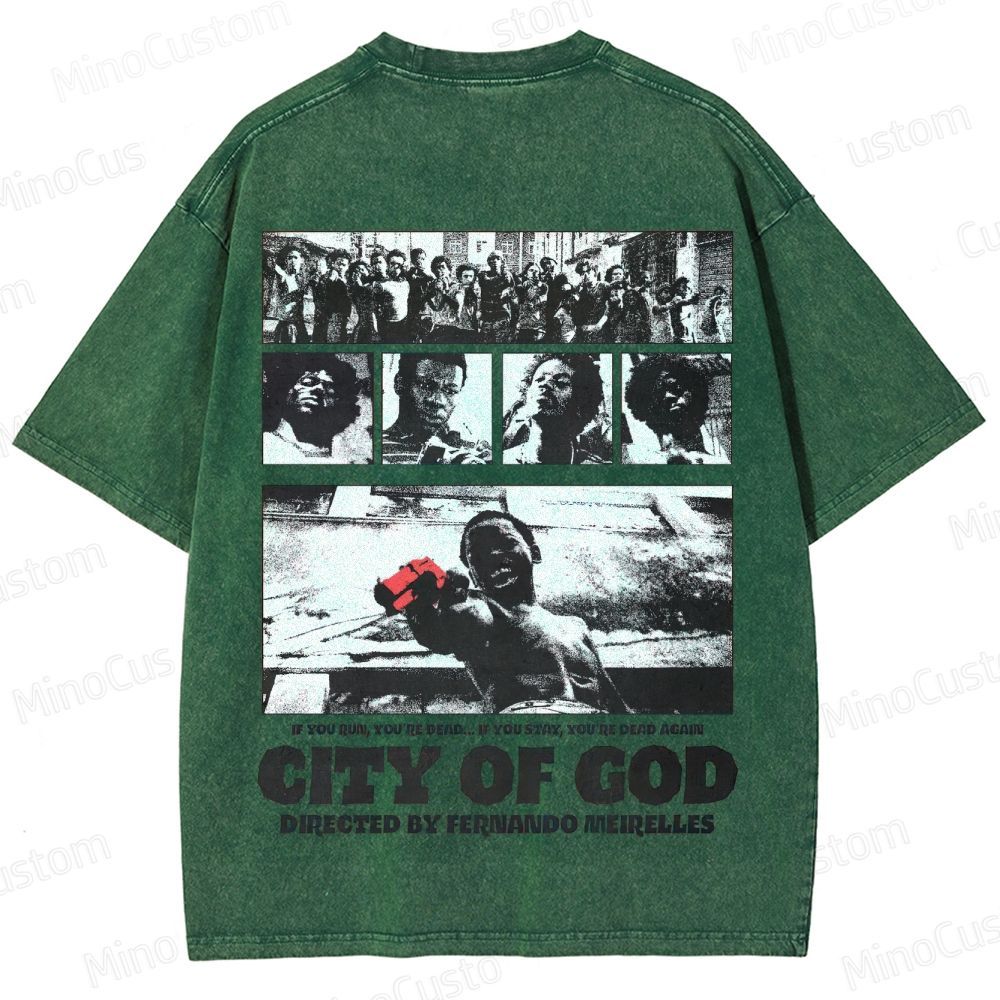 City of God Scene Collage and Title Graphic Washed Vintage T - Shirt