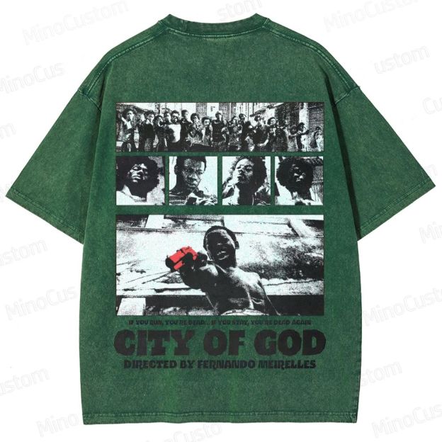 City of God Scene Collage and Title Graphic Washed Vintage T - Shirt