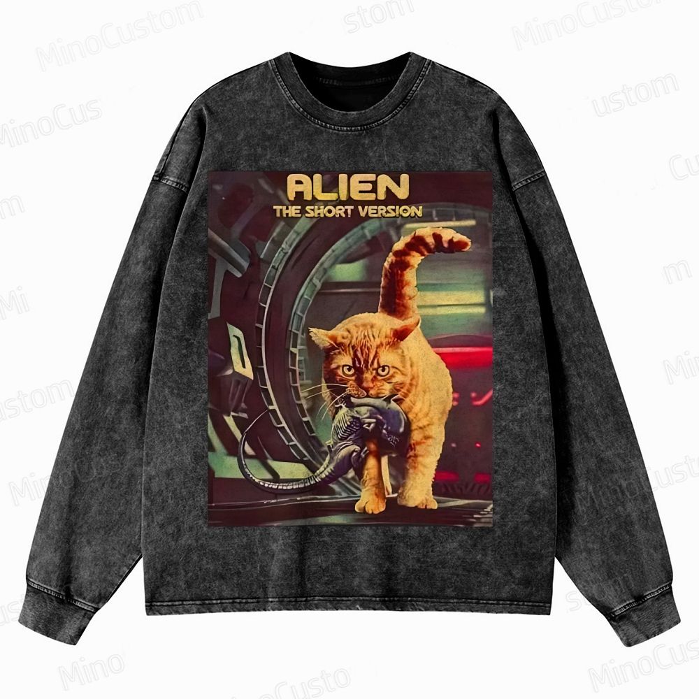 Alien Cat Crewneck Washed Sweatshirt