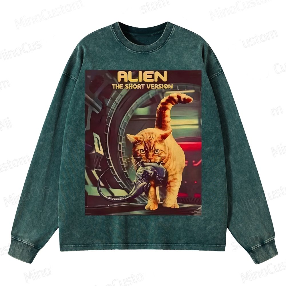 Alien Cat Crewneck Washed Sweatshirt