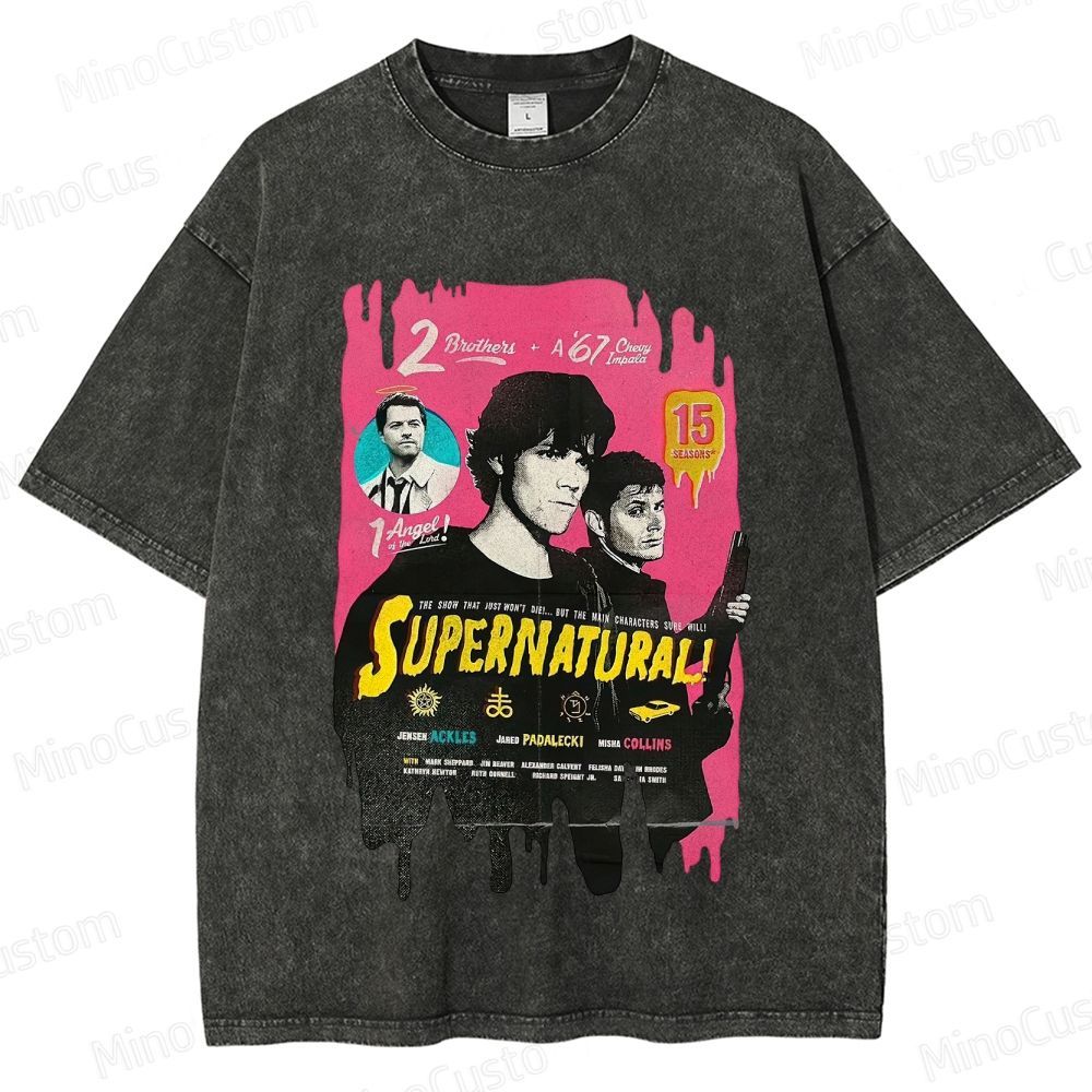 Supernatural Cast & Theme Graphic Washed Vintage T - Shirt