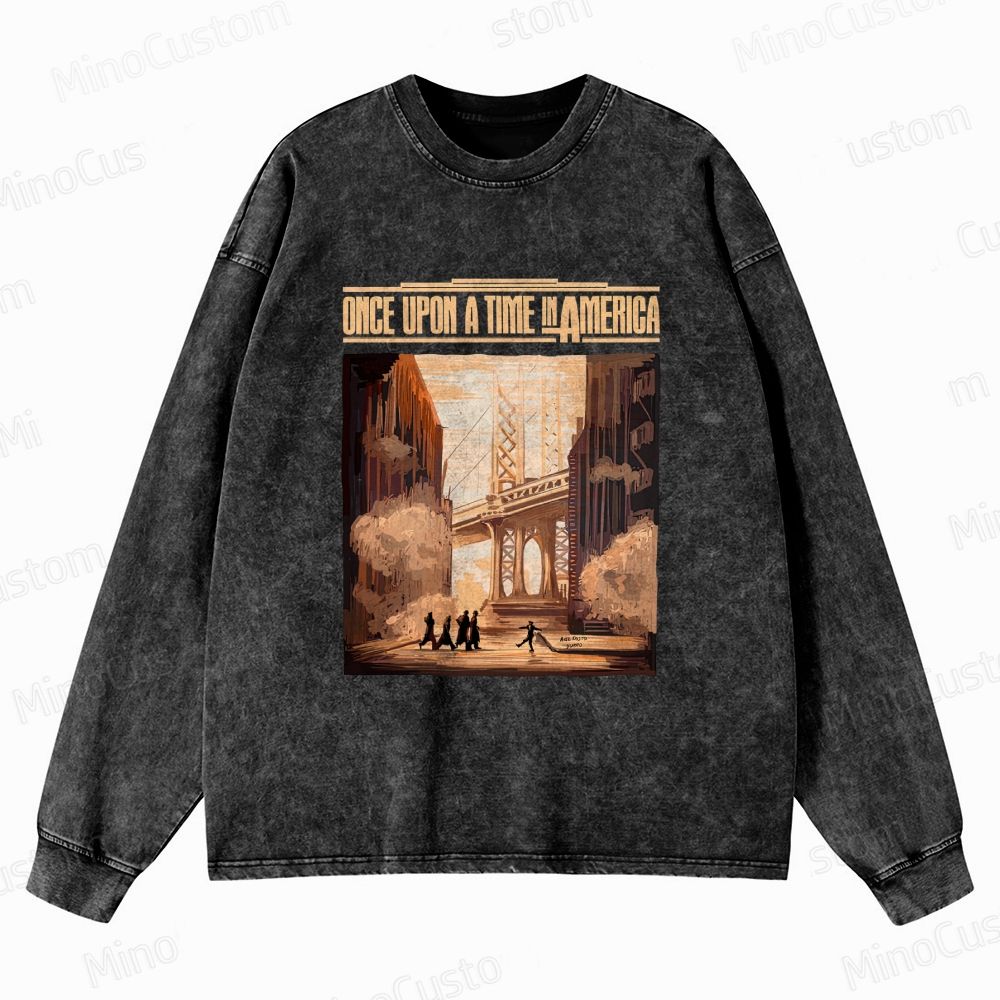 Once Upon a Time in America Scene & Title Graphic Washed Vintage Long - Sleeve T - Shirt