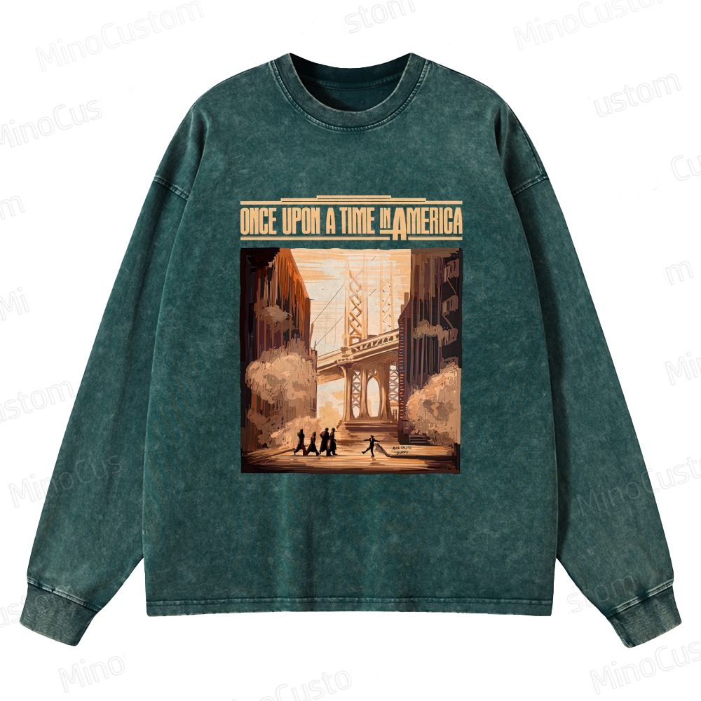 Once Upon a Time in America Scene & Title Graphic Washed Vintage Long - Sleeve T - Shirt