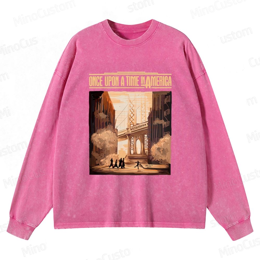 Once Upon a Time in America Scene & Title Graphic Washed Vintage Long - Sleeve T - Shirt