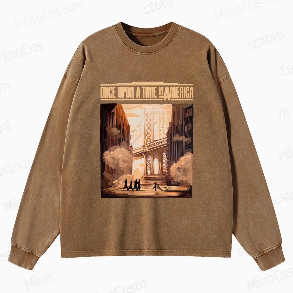 Once Upon a Time in America Scene & Title Graphic Washed Vintage Long - Sleeve T - Shirt