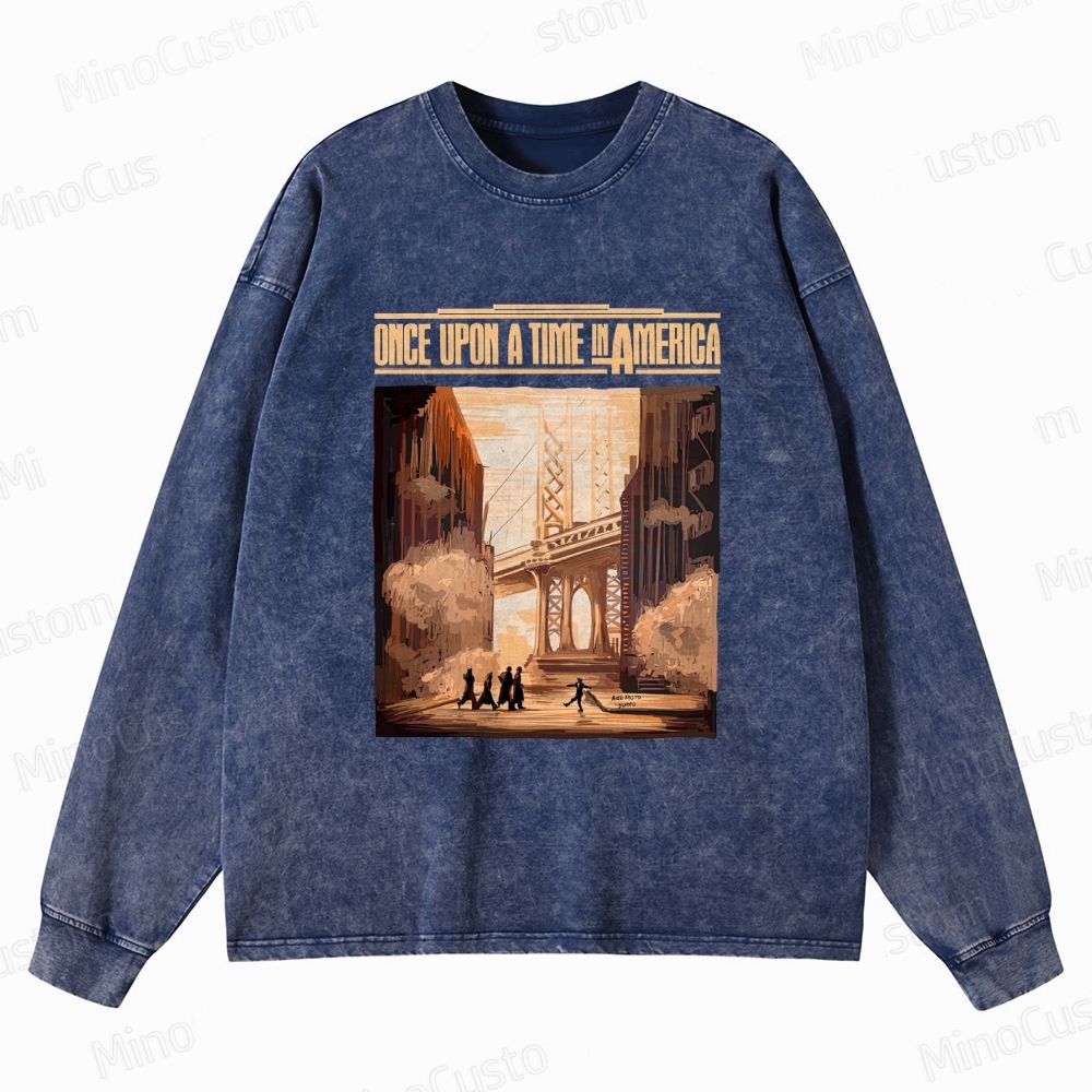 Once Upon a Time in America Scene & Title Graphic Washed Vintage Long - Sleeve T - Shirt