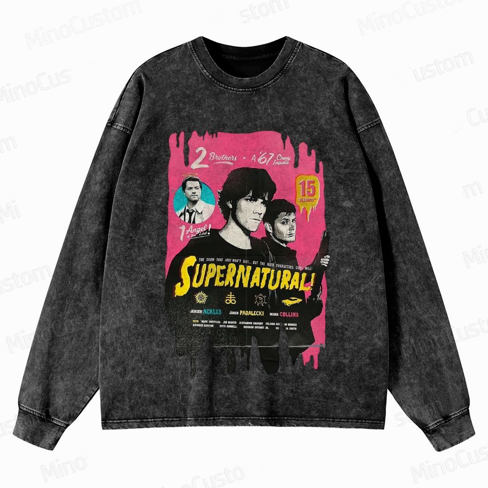 Supernatural Cast & Theme Graphic Washed Vintage Long - Sleeve T - Shirt