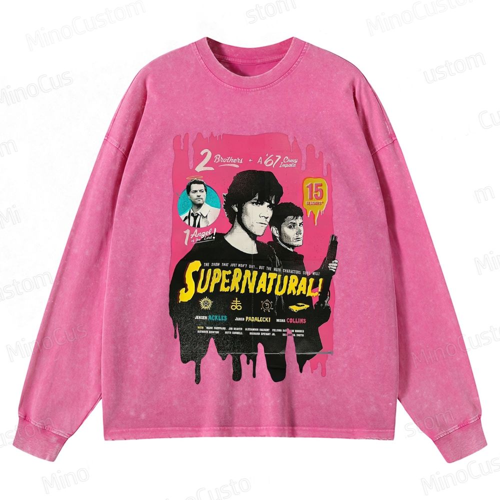 Supernatural Cast & Theme Graphic Washed Vintage Long - Sleeve T - Shirt