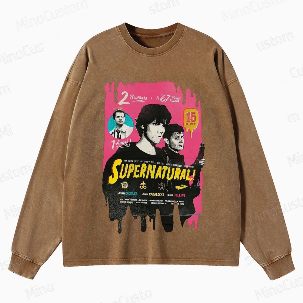 Supernatural Cast & Theme Graphic Washed Vintage Long - Sleeve T - Shirt