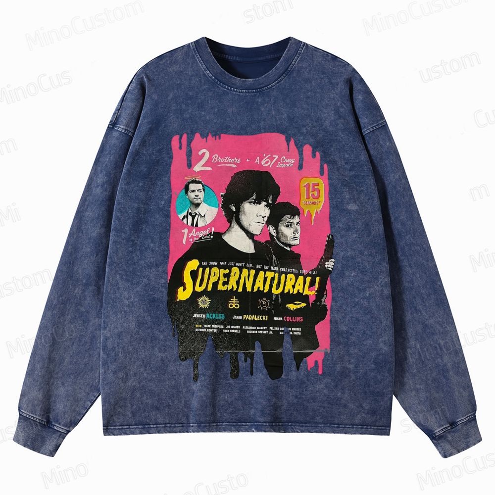 Supernatural Cast & Theme Graphic Washed Vintage Long - Sleeve T - Shirt