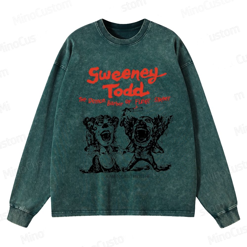 Sweeney Todd: The Demon Barber of Fleet Street Character & Title Graphic Washed Vintage Long - Sleeve T - Shirt