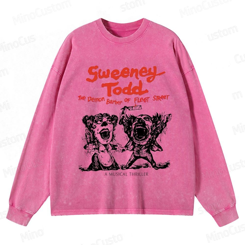 Sweeney Todd: The Demon Barber of Fleet Street Character & Title Graphic Washed Vintage Long - Sleeve T - Shirt