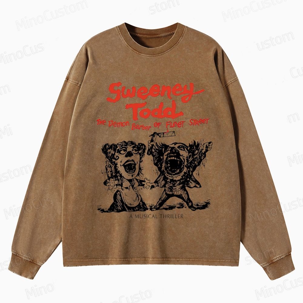 Sweeney Todd: The Demon Barber of Fleet Street Character & Title Graphic Washed Vintage Long - Sleeve T - Shirt