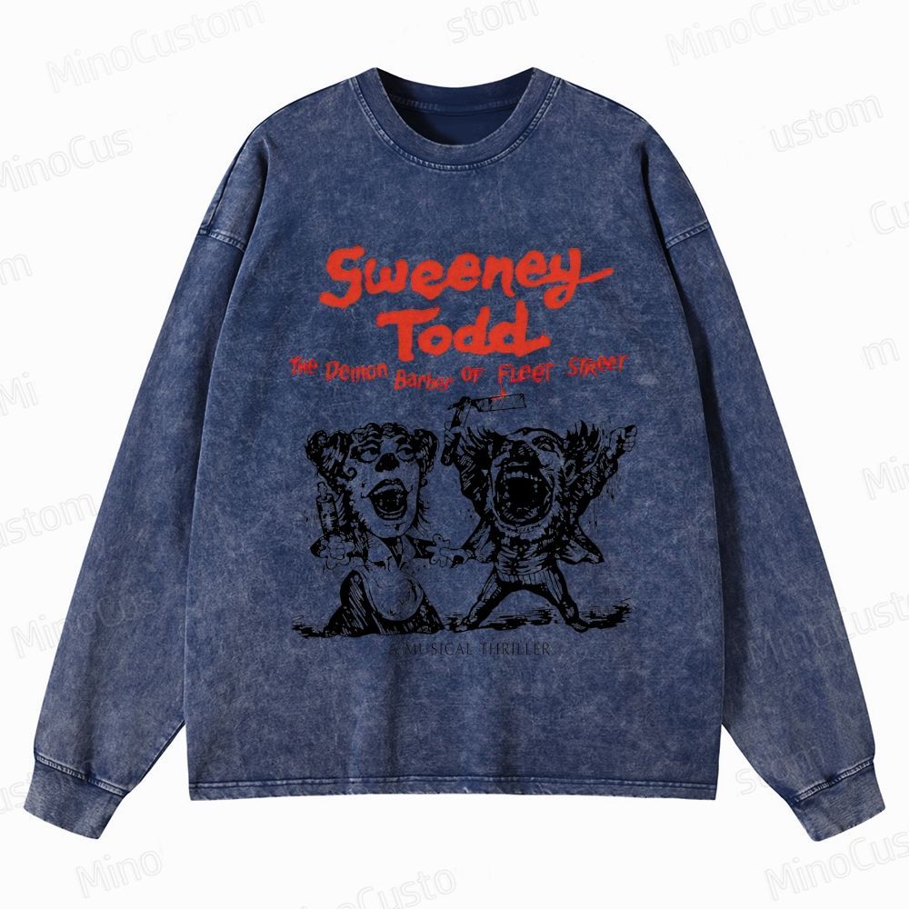 Sweeney Todd: The Demon Barber of Fleet Street Character & Title Graphic Washed Vintage Long - Sleeve T - Shirt