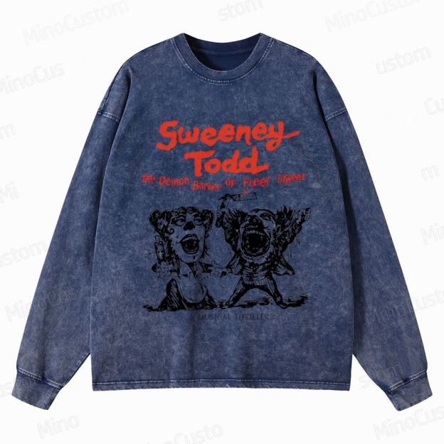 Sweeney Todd: The Demon Barber of Fleet Street Character & Title Graphic Washed Vintage Long - Sleeve T - Shirt