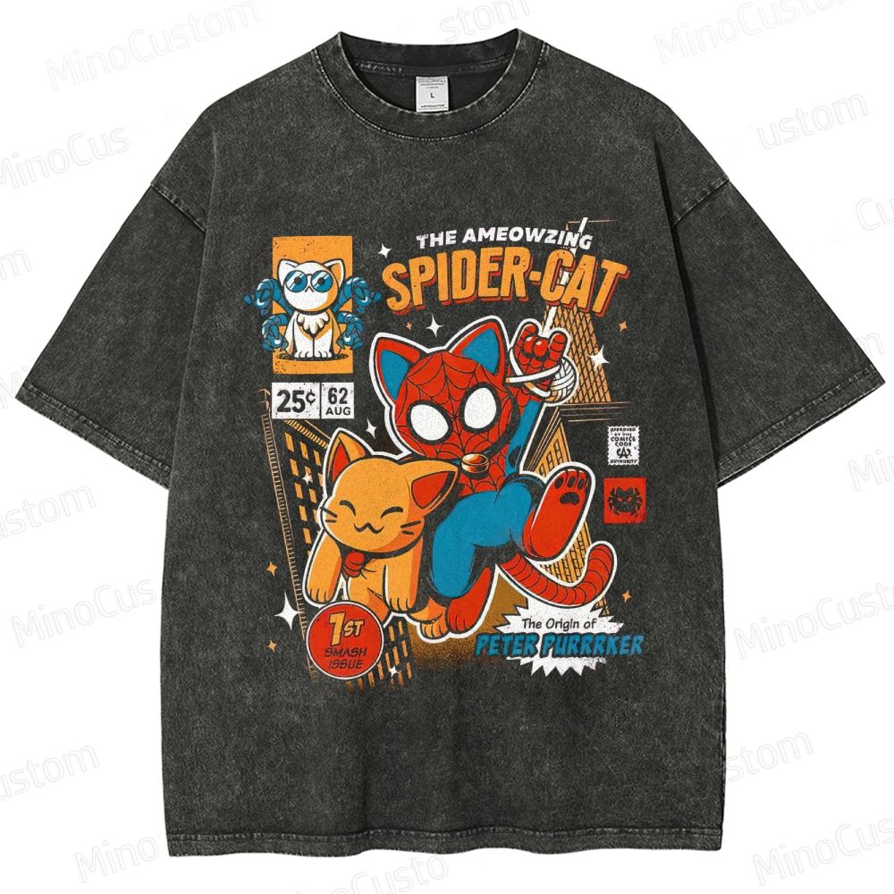 Spider-Man Parody Spider-Cat Graphic Washed Vintage T - Shirt
